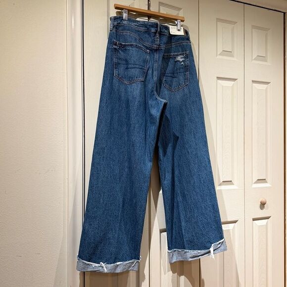 LIKE NEW AE Super High Waisted Baggy Wide Leg Cuffed Jeans Dark Distressed 16 - Picture 9 of 12